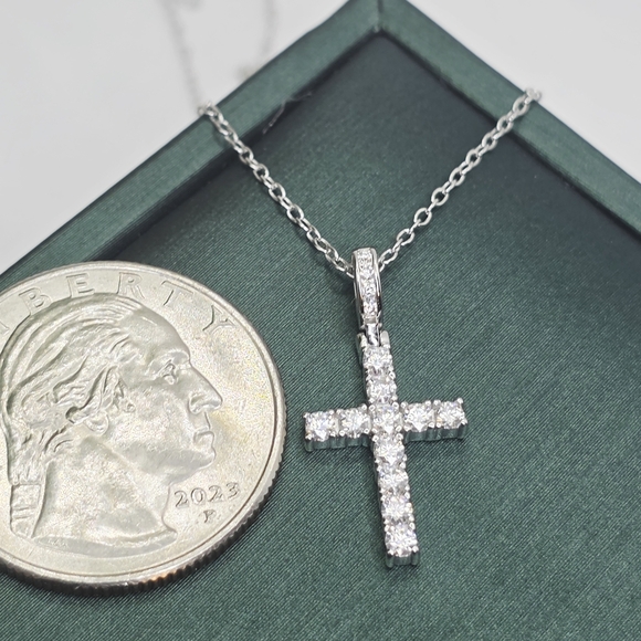 Moissanite Cross Pendant Necklace | 925 Sterling Silver | Dainty Sparkle - Picture 3 of 5